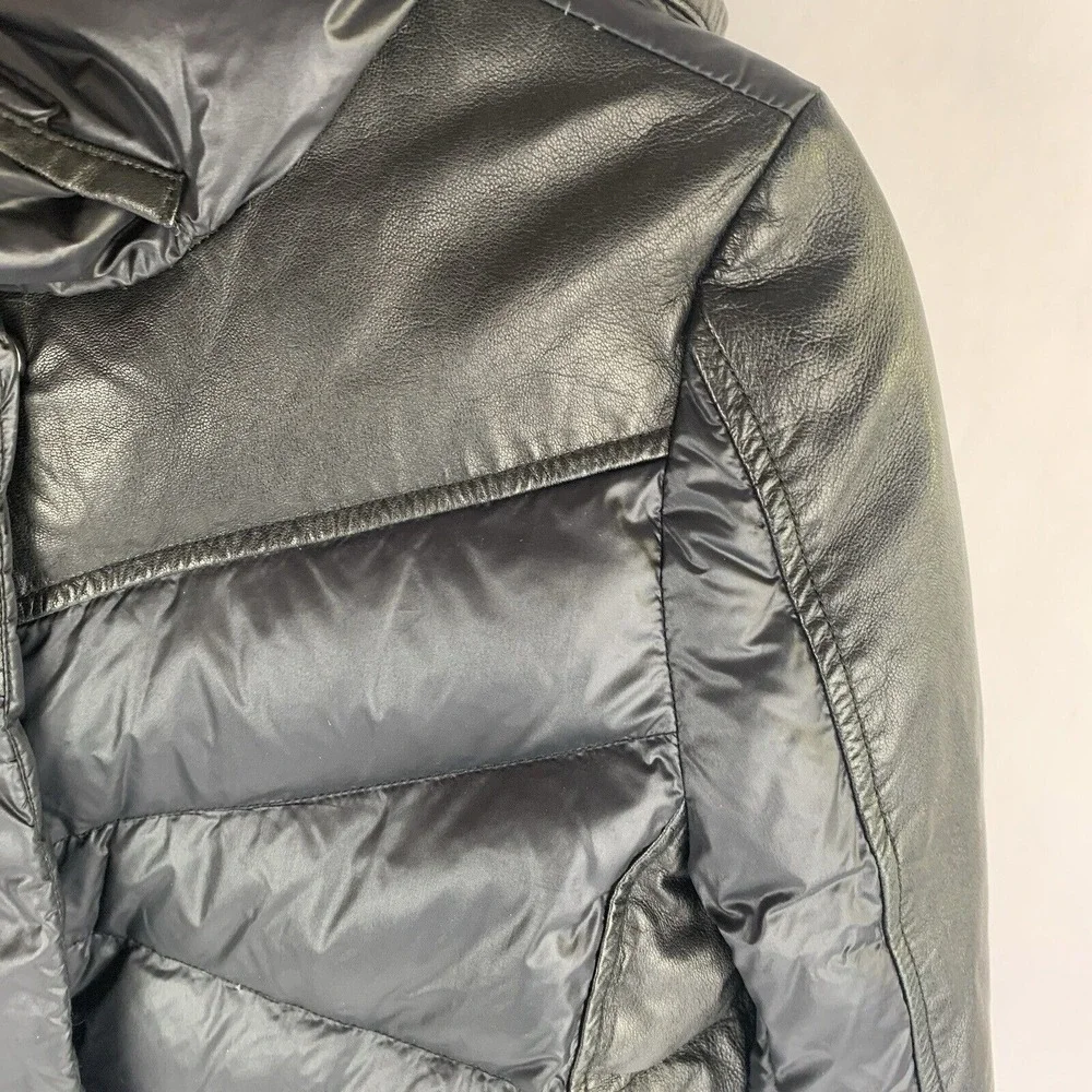 Womens Down Puffer Jacket Size Small Nylon Leather Hooded Black Chic Minimalist